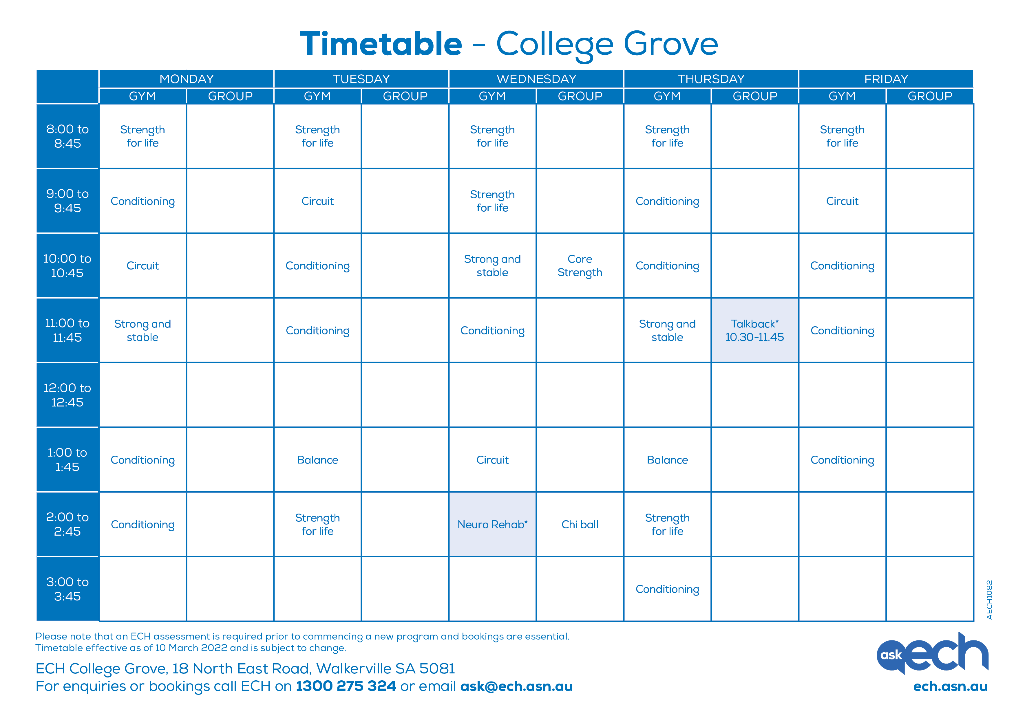 AECH1082 College Grove excerise timetable March2022
