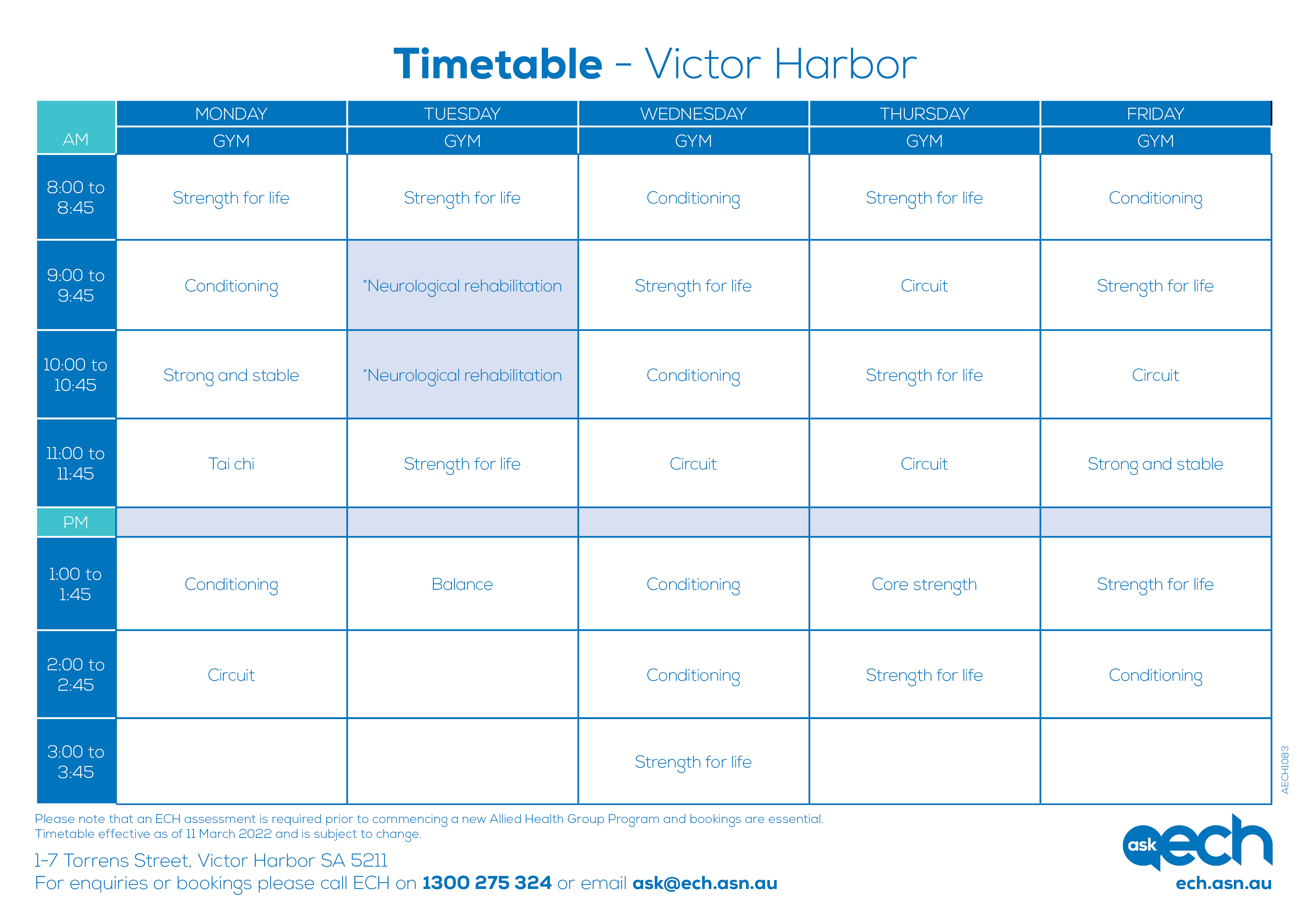 AECH1083 Victor Harbor Wellness exercise timetable Mar2022