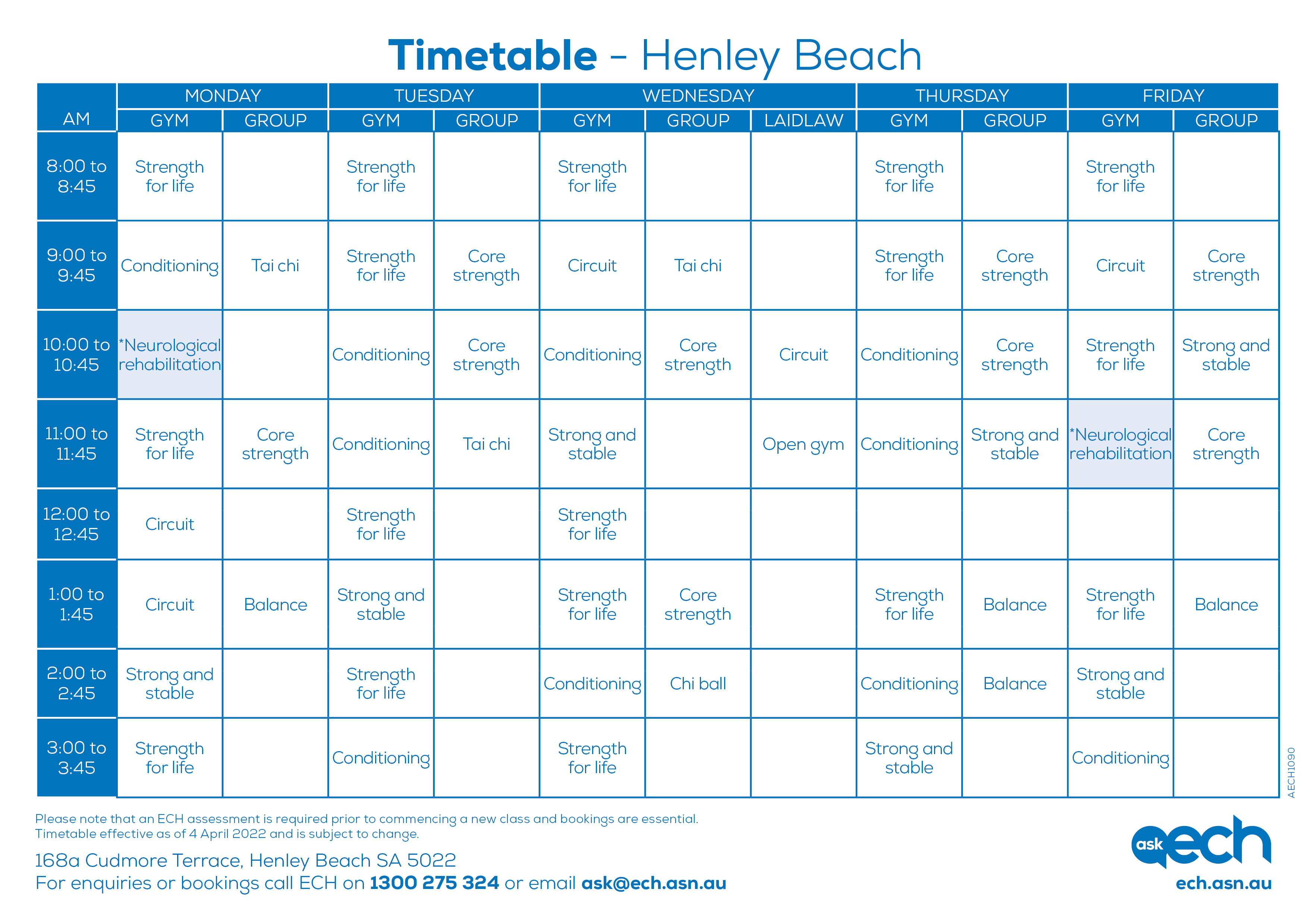 AECH1090 Henley Beach wellness timetable Apr2022