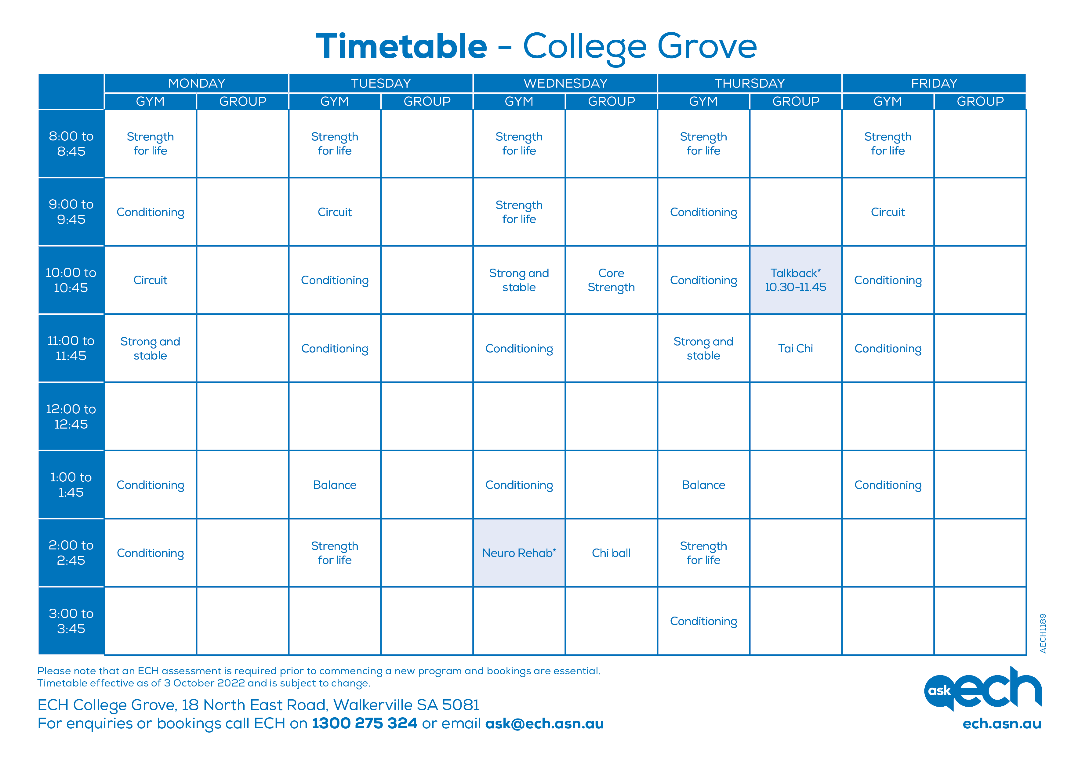 AECH1189 Wellness timetable College Grove Sept2022