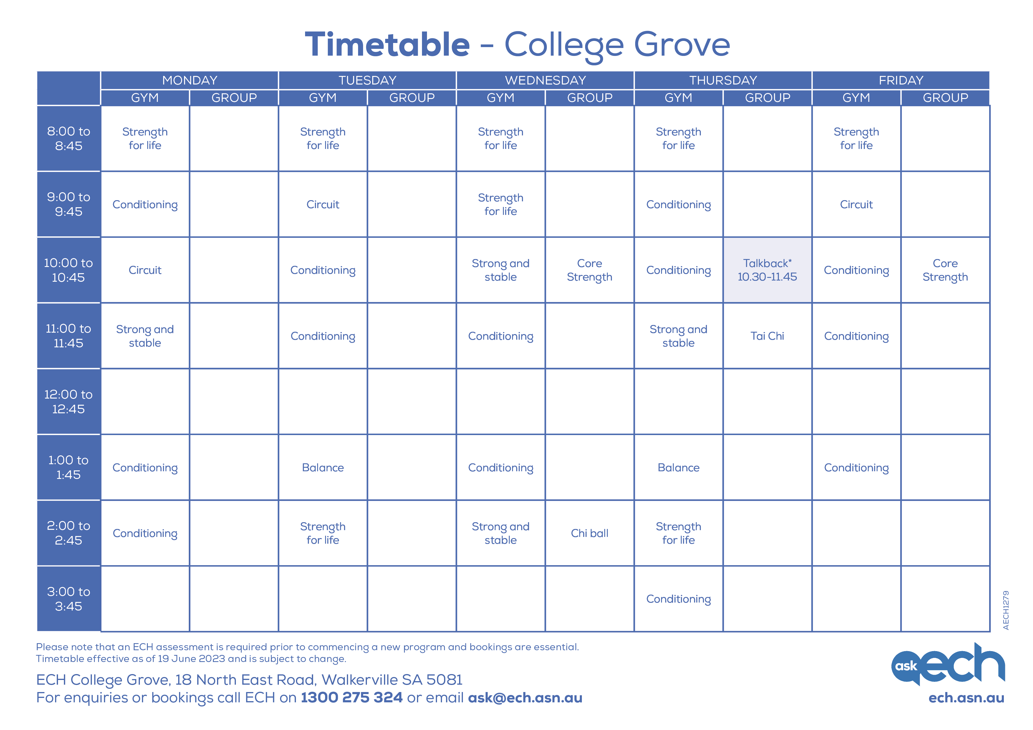 AECH1279 Wellness timetable College Grove June2023 1